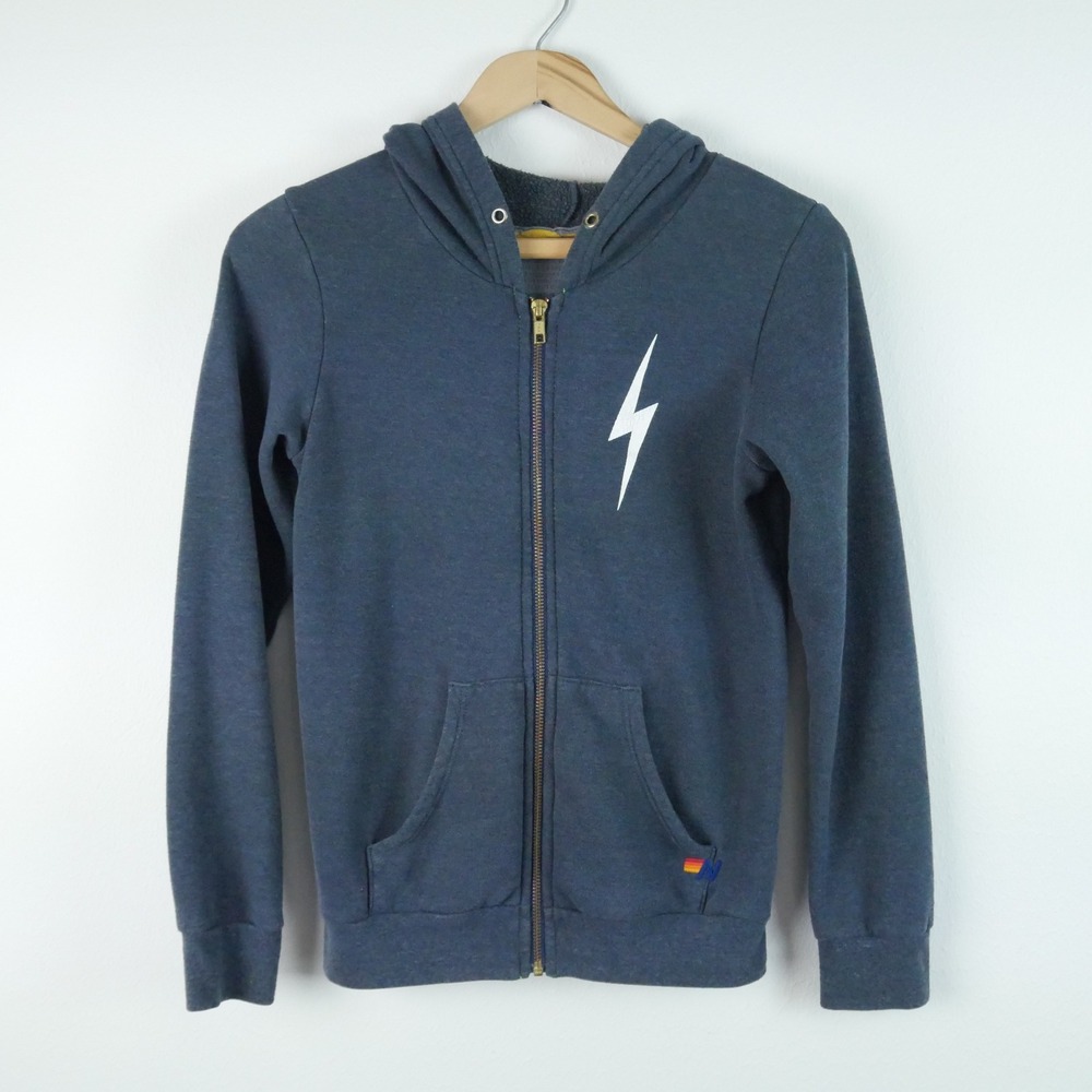 Aviator Nation Kids Full Zip Hoodie Size 10 Lightning Bolt Sweatshirt Gray
